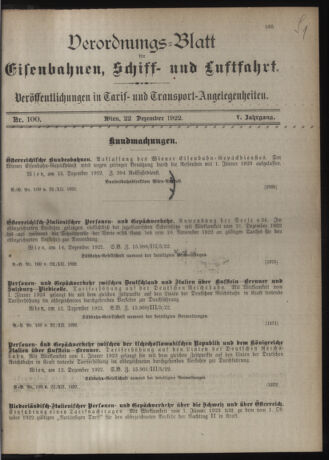 Verordnungs-Blatt für Eisenbahnen und Schiffahrt: Veröffentlichungen in Tarif- und Transport-Angelegenheiten 19221222 Seite: 1