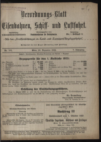 Verordnungs-Blatt für Eisenbahnen und Schiffahrt: Veröffentlichungen in Tarif- und Transport-Angelegenheiten 19221229 Seite: 1