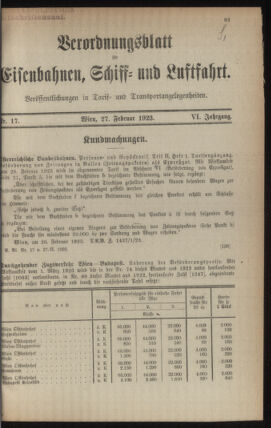 Verordnungs-Blatt für Eisenbahnen und Schiffahrt: Veröffentlichungen in Tarif- und Transport-Angelegenheiten 19230227 Seite: 1