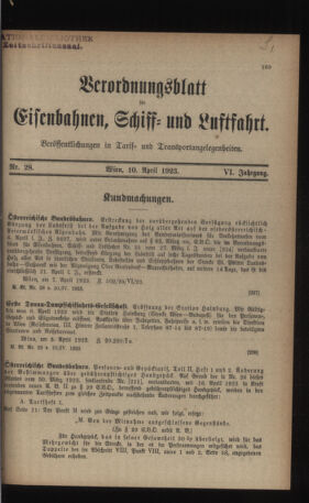 Verordnungs-Blatt für Eisenbahnen und Schiffahrt: Veröffentlichungen in Tarif- und Transport-Angelegenheiten 19230410 Seite: 1