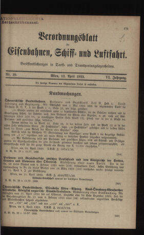 Verordnungs-Blatt für Eisenbahnen und Schiffahrt: Veröffentlichungen in Tarif- und Transport-Angelegenheiten 19230413 Seite: 1