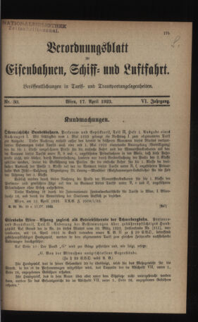 Verordnungs-Blatt für Eisenbahnen und Schiffahrt: Veröffentlichungen in Tarif- und Transport-Angelegenheiten 19230417 Seite: 1