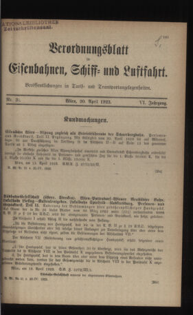 Verordnungs-Blatt für Eisenbahnen und Schiffahrt: Veröffentlichungen in Tarif- und Transport-Angelegenheiten 19230420 Seite: 1