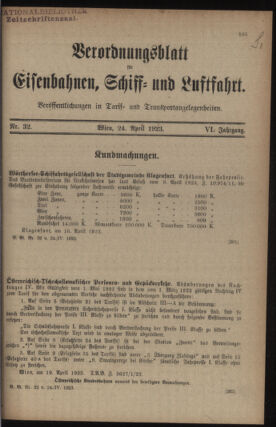 Verordnungs-Blatt für Eisenbahnen und Schiffahrt: Veröffentlichungen in Tarif- und Transport-Angelegenheiten 19230424 Seite: 1