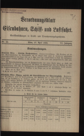 Verordnungs-Blatt für Eisenbahnen und Schiffahrt: Veröffentlichungen in Tarif- und Transport-Angelegenheiten 19230427 Seite: 1