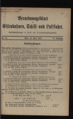 Verordnungs-Blatt für Eisenbahnen und Schiffahrt: Veröffentlichungen in Tarif- und Transport-Angelegenheiten 19230430 Seite: 1