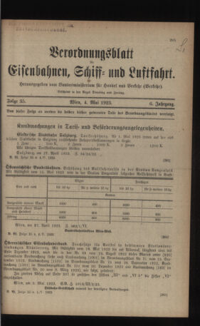 Verordnungs-Blatt für Eisenbahnen und Schiffahrt: Veröffentlichungen in Tarif- und Transport-Angelegenheiten 19230504 Seite: 1