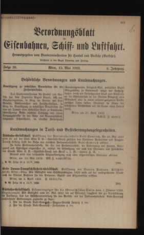 Verordnungs-Blatt für Eisenbahnen und Schiffahrt: Veröffentlichungen in Tarif- und Transport-Angelegenheiten 19230515 Seite: 1