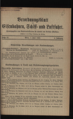 Verordnungs-Blatt für Eisenbahnen und Schiffahrt: Veröffentlichungen in Tarif- und Transport-Angelegenheiten 19230601 Seite: 1