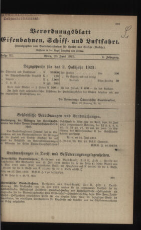 Verordnungs-Blatt für Eisenbahnen und Schiffahrt: Veröffentlichungen in Tarif- und Transport-Angelegenheiten 19230628 Seite: 1