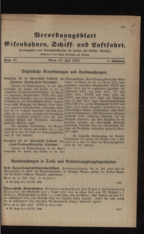 Verordnungs-Blatt für Eisenbahnen und Schiffahrt: Veröffentlichungen in Tarif- und Transport-Angelegenheiten 19230727 Seite: 1