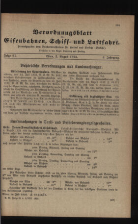 Verordnungs-Blatt für Eisenbahnen und Schiffahrt: Veröffentlichungen in Tarif- und Transport-Angelegenheiten 19230803 Seite: 1