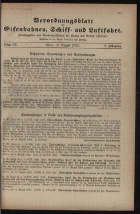 Verordnungs-Blatt für Eisenbahnen und Schiffahrt: Veröffentlichungen in Tarif- und Transport-Angelegenheiten 19230814 Seite: 1