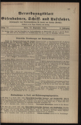 Verordnungs-Blatt für Eisenbahnen und Schiffahrt: Veröffentlichungen in Tarif- und Transport-Angelegenheiten 19230918 Seite: 1