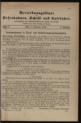 Verordnungs-Blatt für Eisenbahnen und Schiffahrt: Veröffentlichungen in Tarif- und Transport-Angelegenheiten 19231106 Seite: 1