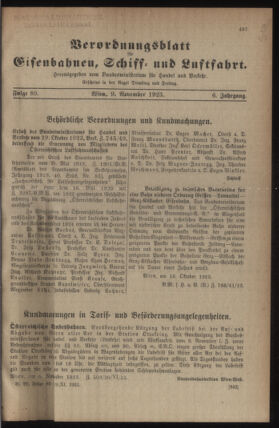 Verordnungs-Blatt für Eisenbahnen und Schiffahrt: Veröffentlichungen in Tarif- und Transport-Angelegenheiten 19231109 Seite: 1