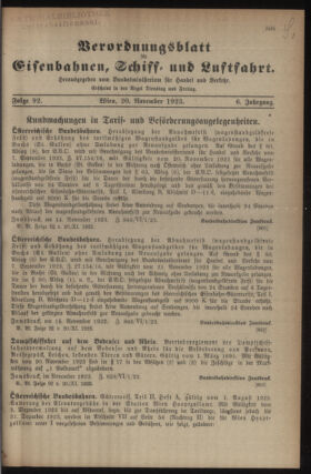 Verordnungs-Blatt für Eisenbahnen und Schiffahrt: Veröffentlichungen in Tarif- und Transport-Angelegenheiten 19231120 Seite: 1