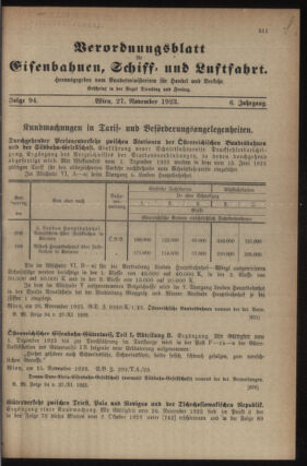 Verordnungs-Blatt für Eisenbahnen und Schiffahrt: Veröffentlichungen in Tarif- und Transport-Angelegenheiten 19231127 Seite: 1