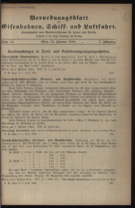 Verordnungs-Blatt für Eisenbahnen und Schiffahrt: Veröffentlichungen in Tarif- und Transport-Angelegenheiten 19240212 Seite: 1