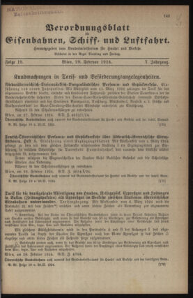 Verordnungs-Blatt für Eisenbahnen und Schiffahrt: Veröffentlichungen in Tarif- und Transport-Angelegenheiten 19240229 Seite: 1