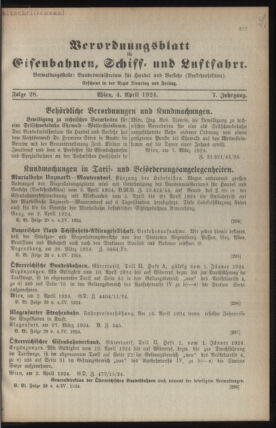 Verordnungs-Blatt für Eisenbahnen und Schiffahrt: Veröffentlichungen in Tarif- und Transport-Angelegenheiten 19240404 Seite: 1