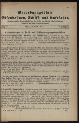 Verordnungs-Blatt für Eisenbahnen und Schiffahrt: Veröffentlichungen in Tarif- und Transport-Angelegenheiten 19240418 Seite: 1