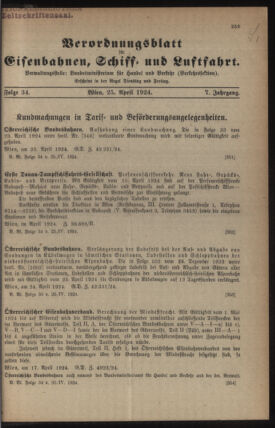 Verordnungs-Blatt für Eisenbahnen und Schiffahrt: Veröffentlichungen in Tarif- und Transport-Angelegenheiten 19240425 Seite: 1