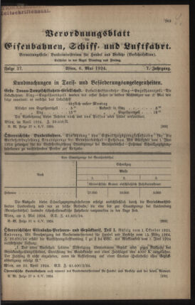 Verordnungs-Blatt für Eisenbahnen und Schiffahrt: Veröffentlichungen in Tarif- und Transport-Angelegenheiten 19240506 Seite: 1