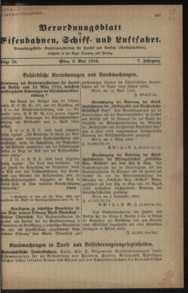 Verordnungs-Blatt für Eisenbahnen und Schiffahrt: Veröffentlichungen in Tarif- und Transport-Angelegenheiten 19240509 Seite: 1