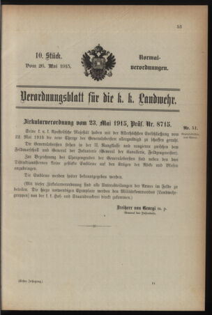 Verordnungsblatt für die k.k. Landwehr. Normalverordnungen 19150526 Seite: 1