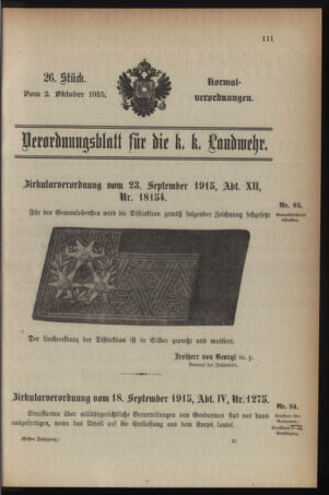 Verordnungsblatt für die k.k. Landwehr. Normalverordnungen 19151002 Seite: 1