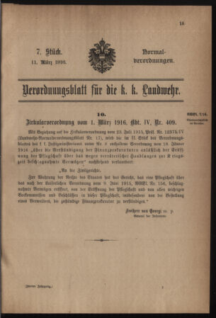 Verordnungsblatt für die k.k. Landwehr. Normalverordnungen 19160311 Seite: 1