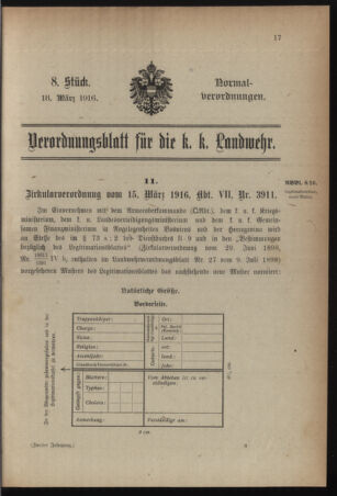 Verordnungsblatt für die k.k. Landwehr. Normalverordnungen 19160318 Seite: 1