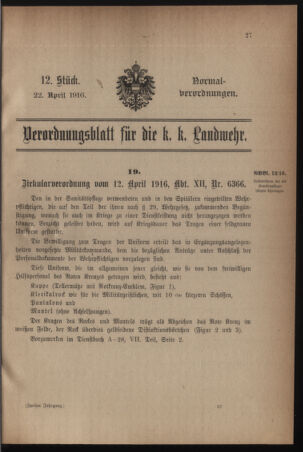 Verordnungsblatt für die k.k. Landwehr. Normalverordnungen 19160422 Seite: 1