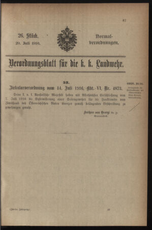 Verordnungsblatt für die k.k. Landwehr. Normalverordnungen 19160729 Seite: 1