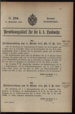 Verordnungsblatt für die k.k. Landwehr. Normalverordnungen 19161111 Seite: 1