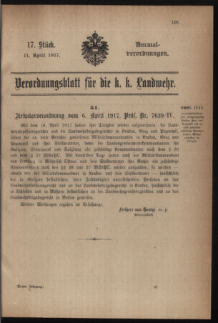 Verordnungsblatt für die k.k. Landwehr. Normalverordnungen 19170411 Seite: 1