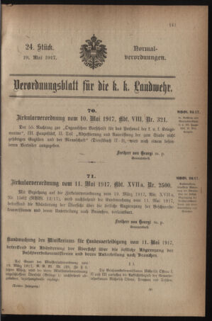 Verordnungsblatt für die k.k. Landwehr. Normalverordnungen 19170519 Seite: 1