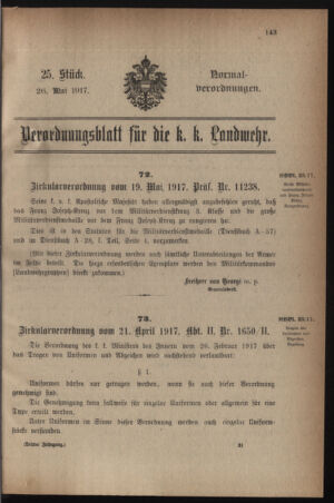 Verordnungsblatt für die k.k. Landwehr. Normalverordnungen 19170526 Seite: 1