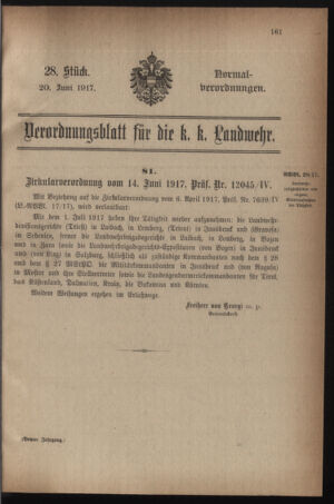 Verordnungsblatt für die k.k. Landwehr. Normalverordnungen 19170620 Seite: 1