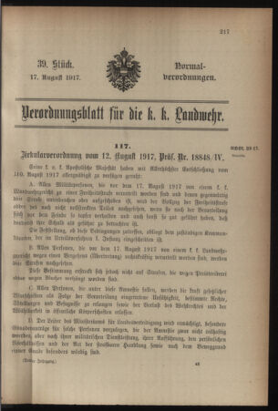 Verordnungsblatt für die k.k. Landwehr. Normalverordnungen 19170817 Seite: 1