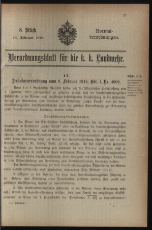 Verordnungsblatt für die k.k. Landwehr. Normalverordnungen 19180216 Seite: 1