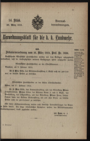 Verordnungsblatt für die k.k. Landwehr. Normalverordnungen 19180323 Seite: 1