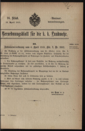 Verordnungsblatt für die k.k. Landwehr. Normalverordnungen 19180413 Seite: 1