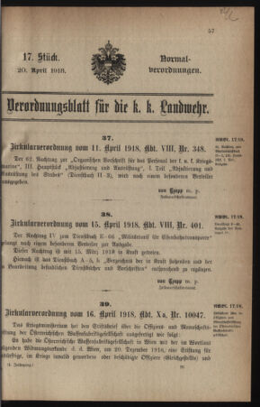 Verordnungsblatt für die k.k. Landwehr. Normalverordnungen 19180420 Seite: 1