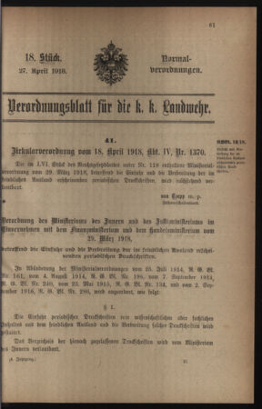 Verordnungsblatt für die k.k. Landwehr. Normalverordnungen 19180427 Seite: 1