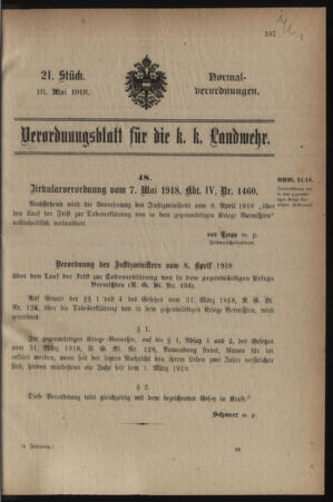 Verordnungsblatt für die k.k. Landwehr. Normalverordnungen 19180518 Seite: 1