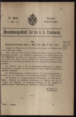 Verordnungsblatt für die k.k. Landwehr. Normalverordnungen 19180525 Seite: 1