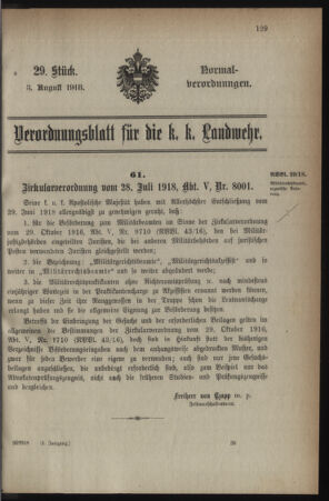 Verordnungsblatt für die k.k. Landwehr. Normalverordnungen 19180803 Seite: 1