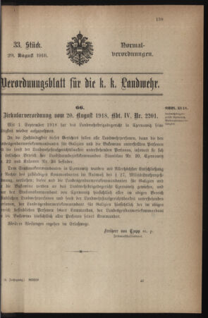 Verordnungsblatt für die k.k. Landwehr. Normalverordnungen 19180829 Seite: 1